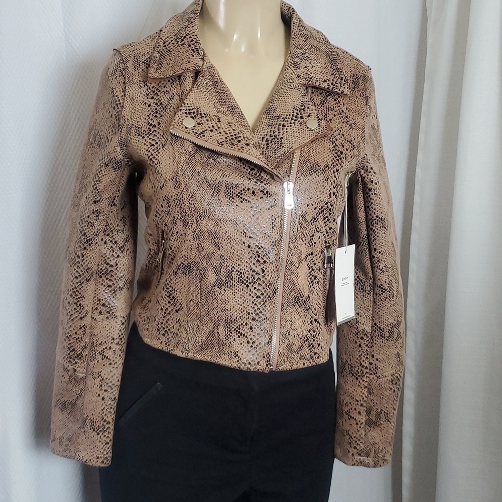 New WT Blashe Tan Black Snakeskin Faux Leather Zip Up Moto Jacket Size S end M